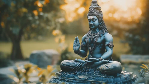 Serene Shiva statue meditates in warm golden garden light