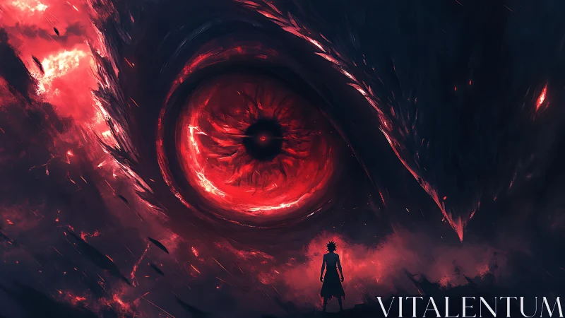 Lone warrior confronts colossal fiery demonic eye in void.
