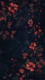 Coral Flowers and Berries on Dark Textile Surface.