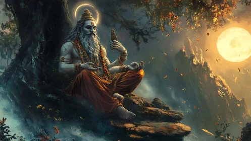 Serene ascetic figure under tree beside large full moon.