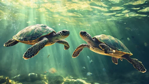 Two sea turtles swim underwater in filtered sunbeams