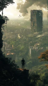 Lone survivor studies overgrown ruined city from cliff edge