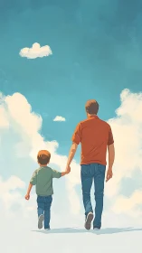 Father and son walk forward under broad blue sky together