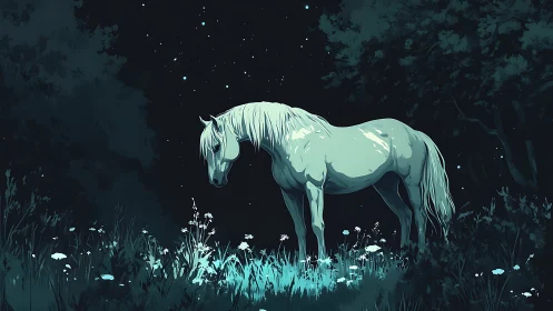 Nocturnal white horse under starlit forest canopy.