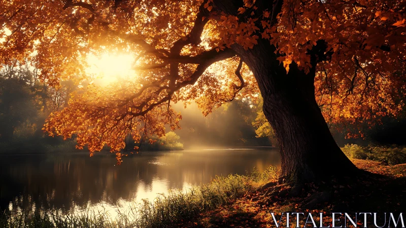 Autumn sunlight filtering through large lakeside tree.