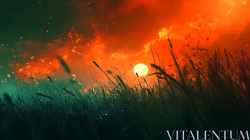 Fiery sunset ignites a windswept field in glowing contrast