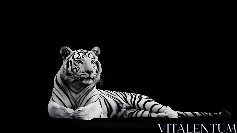 White tiger at rest in deep black night, quietly powerful.