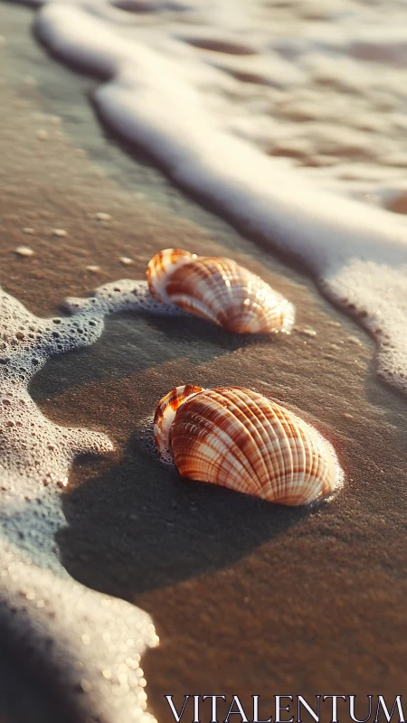 Sunlit seashells resting where gentle waves kiss shore.
