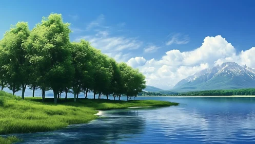 Calm mountain lake reflects vivid trees under clear sky
