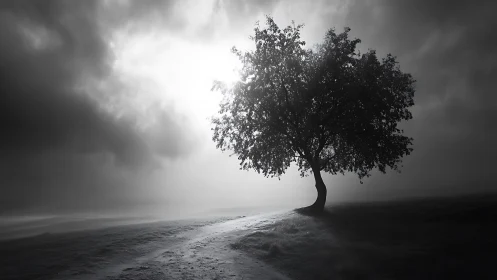 Backlit solitary tree anchors foggy grayscale landscape study