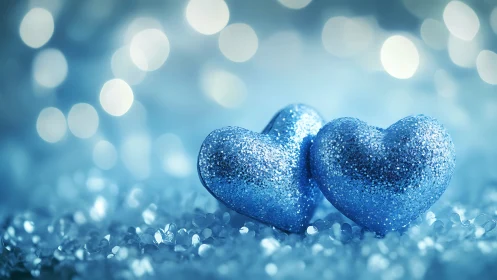 Two Sparkling Hearts Connected in a Dreamy Blue Moment.