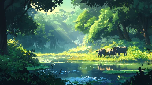 Luminous forest clearing with river and grazing wildlife illuminated by atmospheric light.