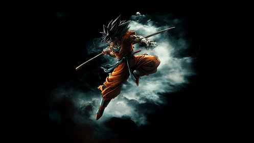 Dynamic anime warrior leaping through swirling storm clouds.