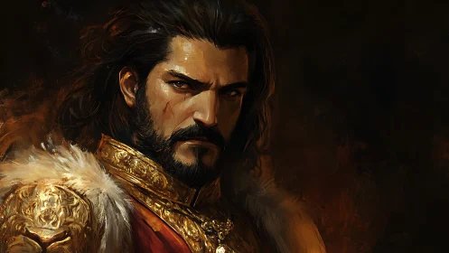 Brooding armored lord in ornate gold and fur cloak portrait.