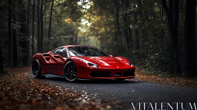 Red supercar parked on forest road under soft light.