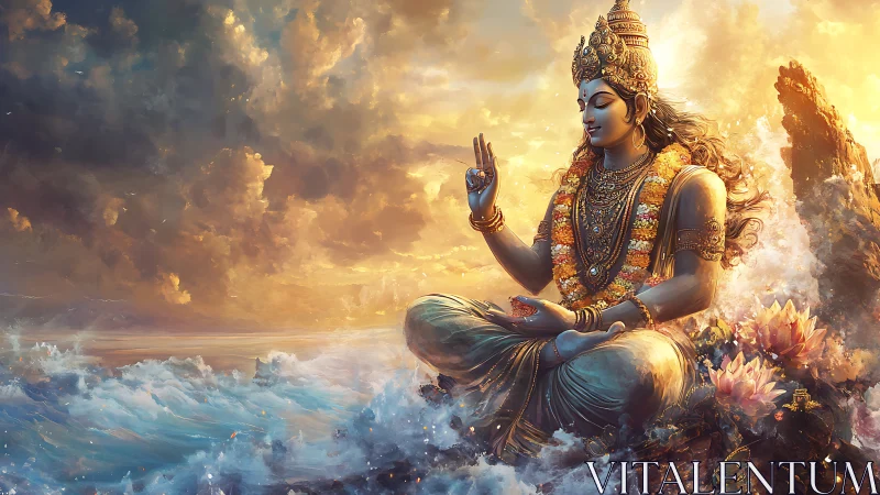 Serene deity figure meditating above waves at sunrise.