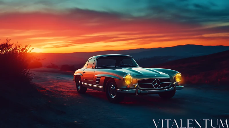 Vintage silver coupe under vivid cinematic sunset glow.