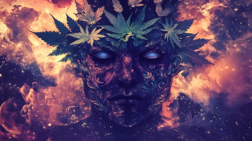 Mystical leaf-crowned spirit resting in a glowing cosmic night.