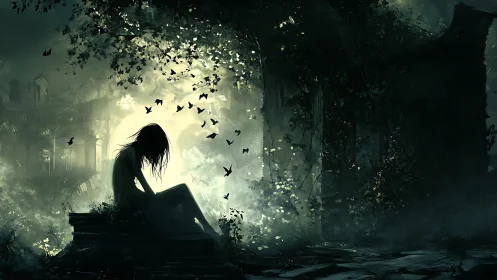 Soft dawn light cradles a quiet figure in a wild ruin