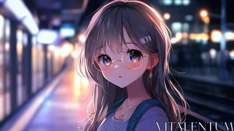 Night rail platform portrait with reflective anime lighting.