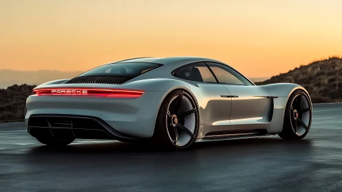 Futuristic white Porsche concept under warm sunset sky.