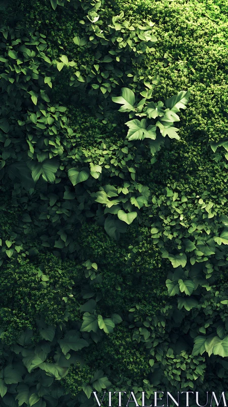 Dense vertical foliage wall with layered green leaves.