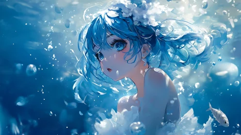 Softly glowing sea girl drifts through a dreamy blue world