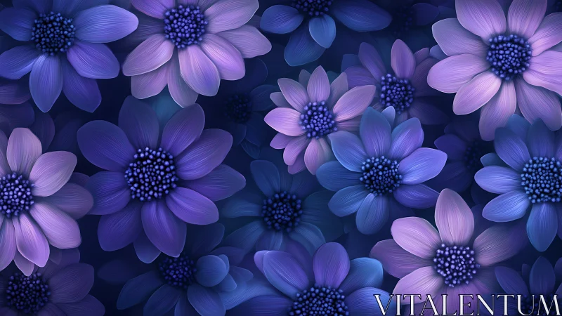 Blue and Purple Digital Flowers with Textured Petals.