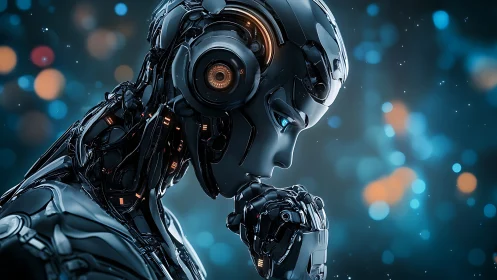 Side profile of humanoid robot in reflective posture.