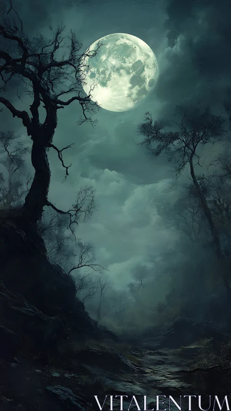 Full moon over haunted forest path under storm clouds.