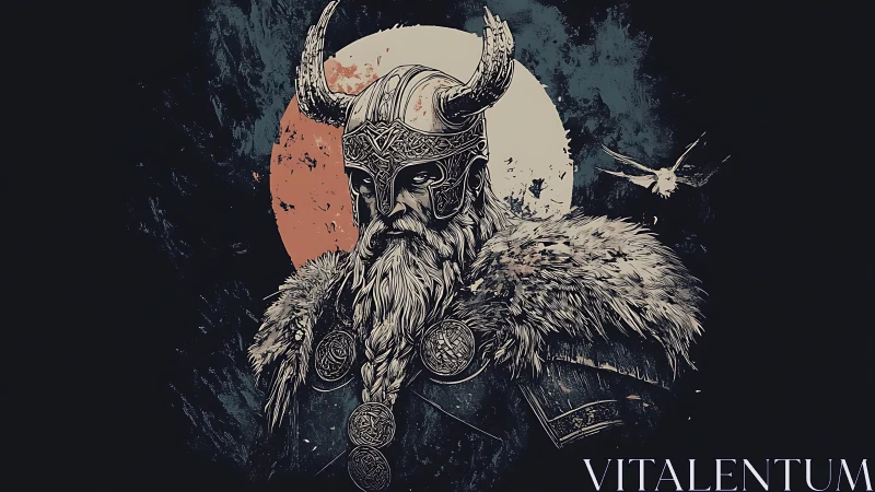 Grim viking warrior portrait before red and white moon.