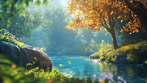 Golden riverside morning welcomes a calm, sunlit forest retreat