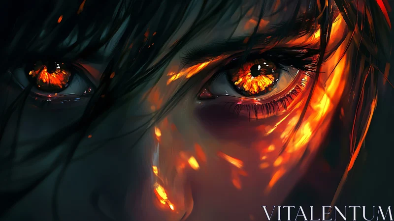 Burning gaze ignites molten reflections across skin