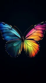 Symmetrical macro study of iridescent rainbow butterfly wings on black