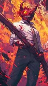 Demonic chainsaw warrior dominates blazing inferno skyline.