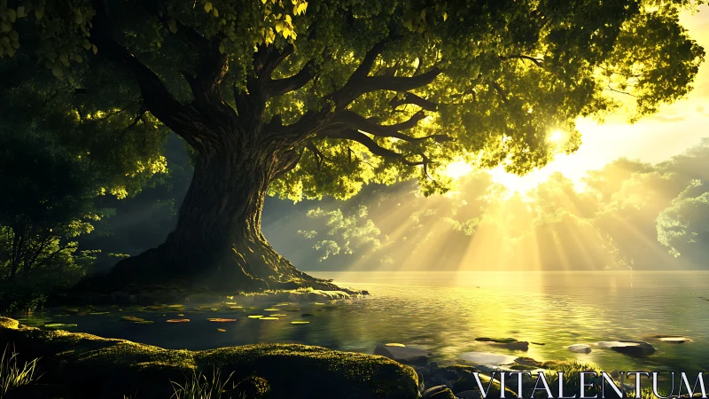 Majestic ancient tree by lake at sunrise, fantasy digital art style.
