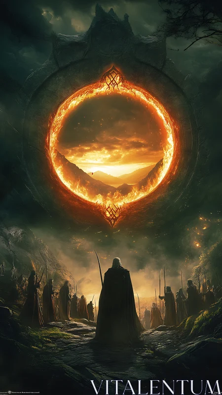 Fiery celestial gate opens above gathered fantasy warriors