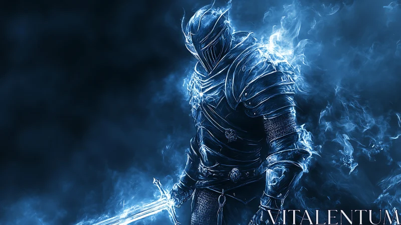 Blue spectral knight ignites blade within swirling ether.