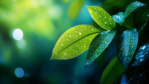 Fresh green leaves sparkle with morning raindrops after rain.