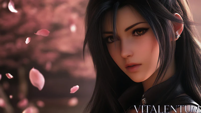 Gentle anime heroine under softly drifting petals.