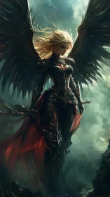 Winged dark valkyrie in ornate black armor with scarlet cloak.