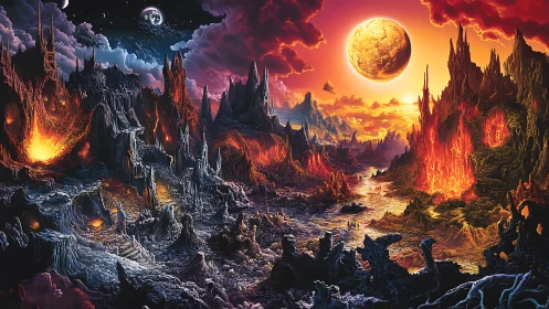 Volcanic alien canyon under binary skies and molten rivers