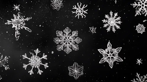 Intricate snowflake crystals scattered on deep black.