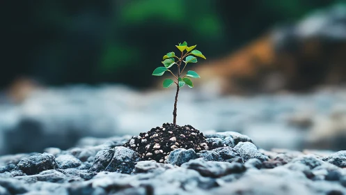 Young green plant sprouting from rocky soil, nature macro photo.