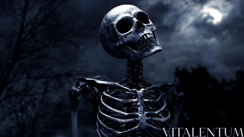 Moonlit skeleton gazing into a mysteriously stormy night sky.
