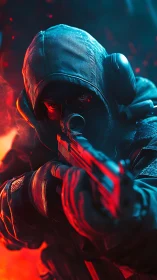 Tactical operator in hooded combat gear under neon rimlight