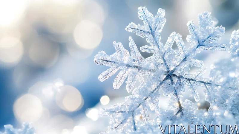 Macro view of crystalline snowflake on soft blue background.
