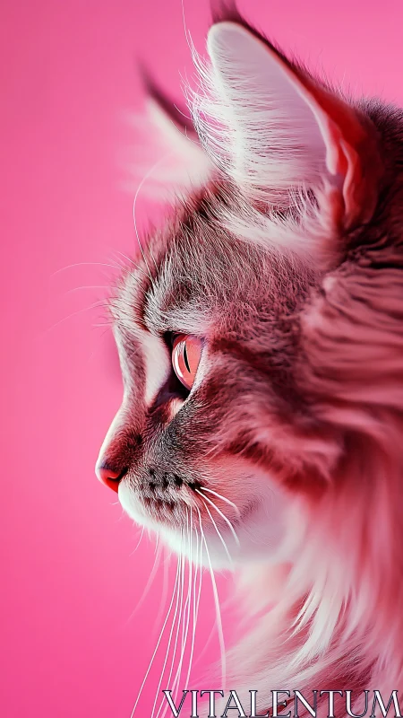 High-contrast feline portrait with saturated pink background and directional side lighting