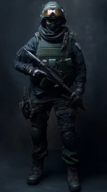 Tactical operator portrait in full black kit with shotgun