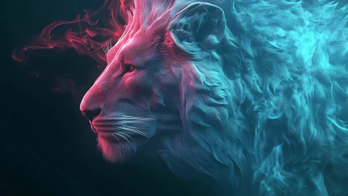 Majestic neon lion emerges from swirling cyan and pink smoke